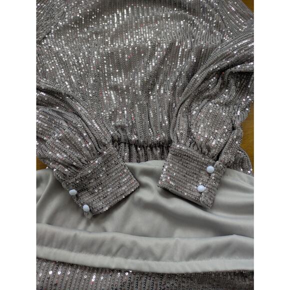 Miss Ord Silver Sequin Mini Dress M Mock Neck Belted NYE 70s 80s Glam - Picture 5 of 12